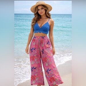 Tropical Beach Bundle 2 piece set Blue Lace Crop Top and Pink Floral Pants